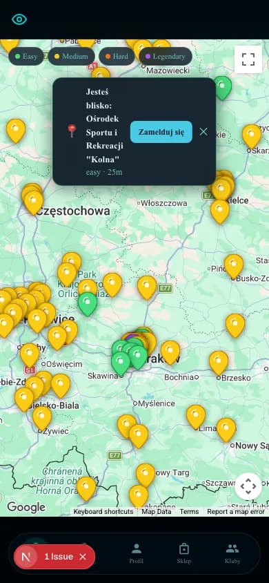 Ekran aplikacji AquaQuest z mapą basenów w Polsce
