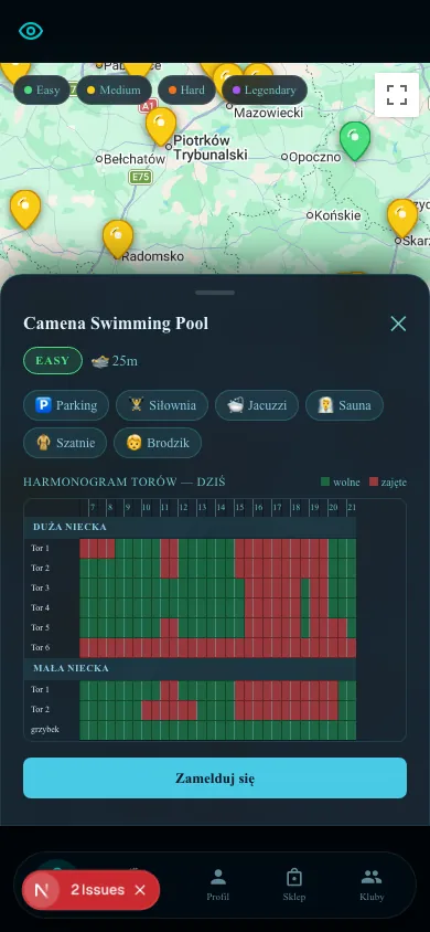 Ekran AquaQuest ze szczegółami basenu i siatką zajętości torów