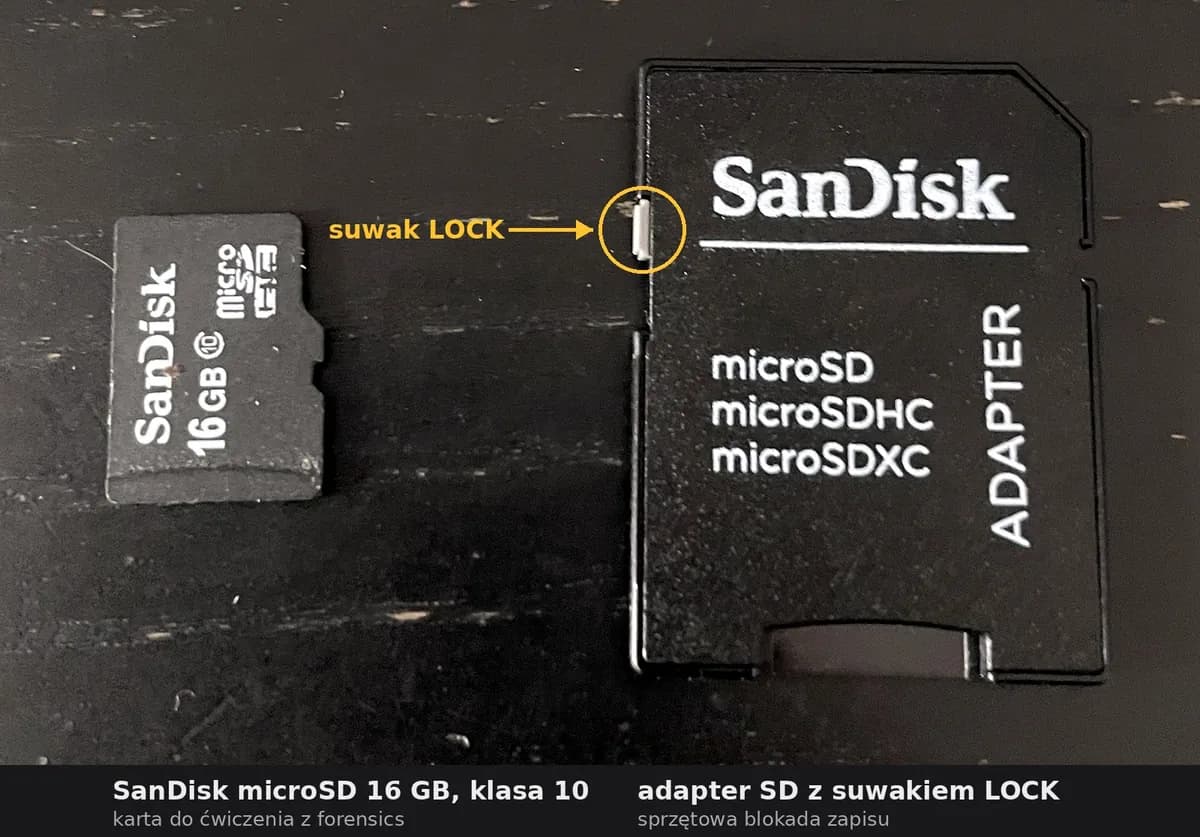 Karta microSD SanDisk 16 GB i adapter SD z zaznaczonym suwakiem blokady zapisu